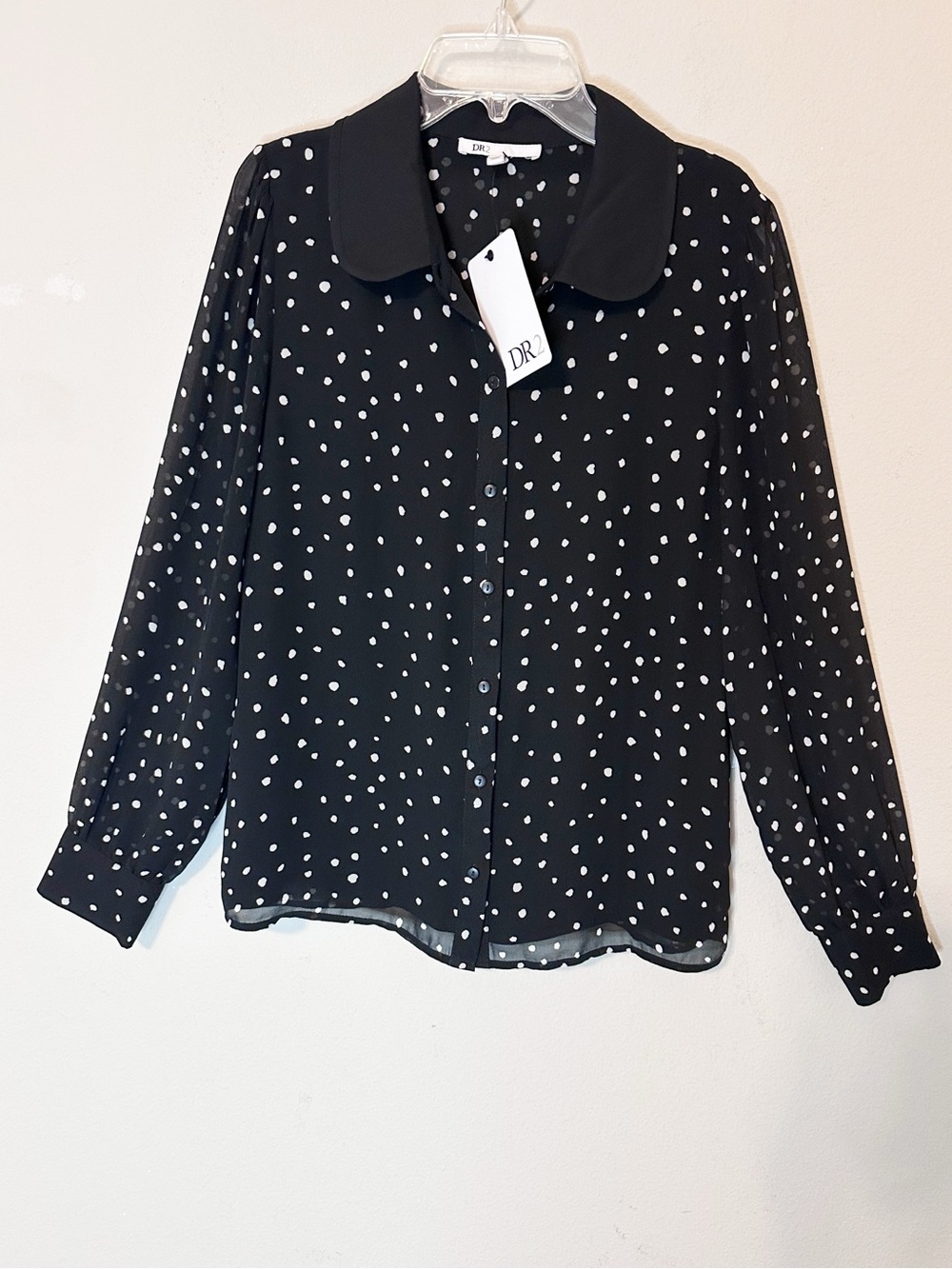 NWT DR2 Women’s Black and White Polkadot Blouse Button Dow Sheer Sleeves-size M